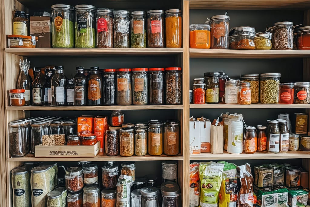 A well-organized pantry filled with jars of various spices, grains, and food items. | quietlyprepared.com